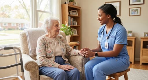 A Tucker nurse sitting with an older woman in her living room, holding her hands