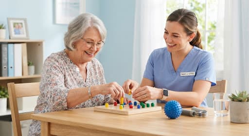 A Tucker therapist practicing fine-motor activities with an older woman at home
