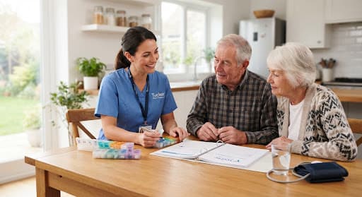 A Tucker nurse reviewing a weekly pill organizer with an older couple at their kitchen table