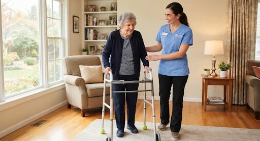 A Tucker nurse supporting an older woman as she walks with a mobility walker at home